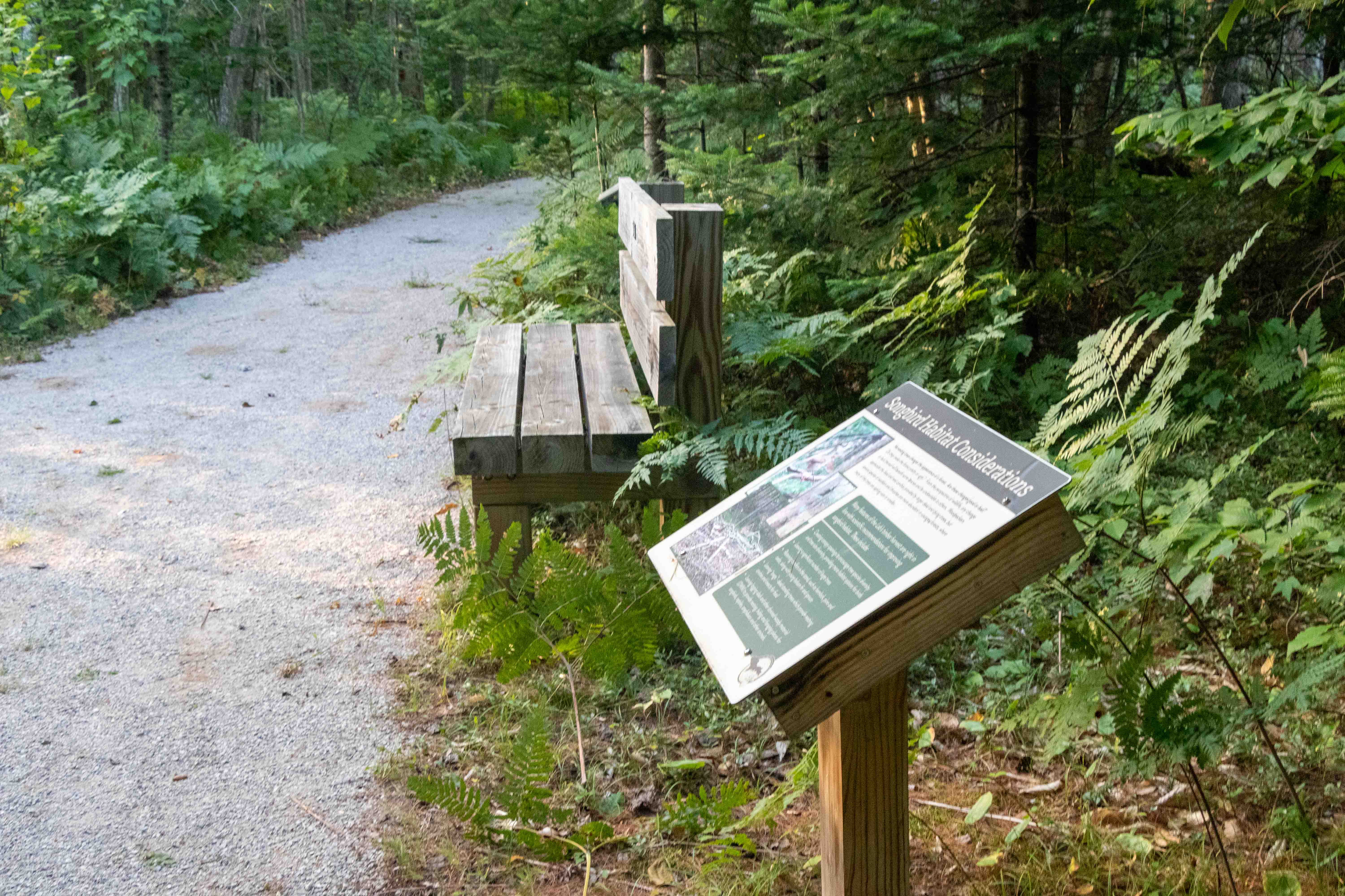 Seating and More Information Sign's down the dirt hiking trail
